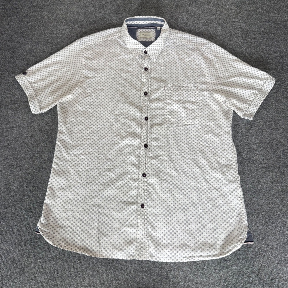 7Diamonds Mens Large White Geometric Short Sleeve Button Up Shirt Stretch Casual